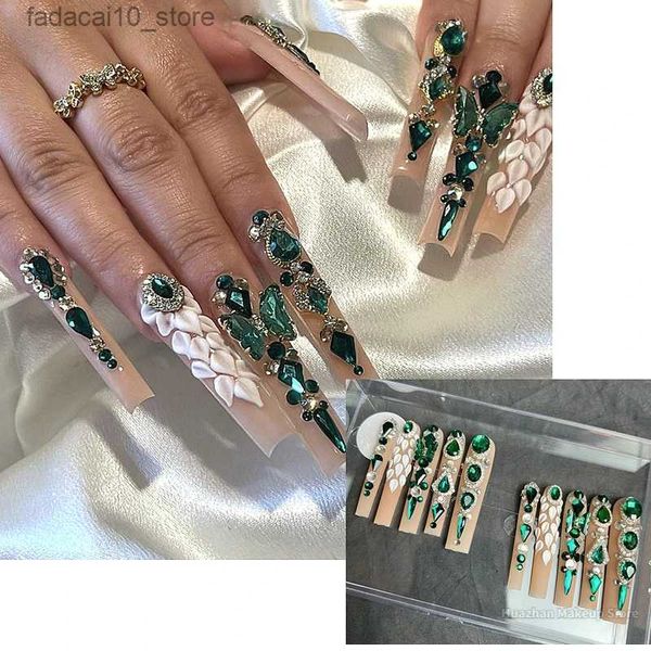 Uñas postizas Puntas de uñas postizas extralargas hechas a mano personalizadas Y2K Flor de diamantes de imitación brillantes XXL Prensa en uñas ReutilizableL Uñas postizas acrílicas Q240122