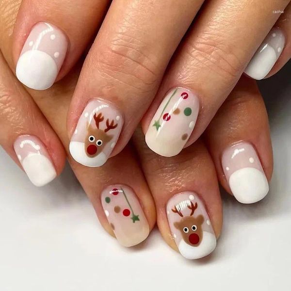 Uñas postizas lindas puntas de alce usables prensa corta en uñas patrón de Feliz Navidad regalos de manicura para mujeres niña hermosa falsa