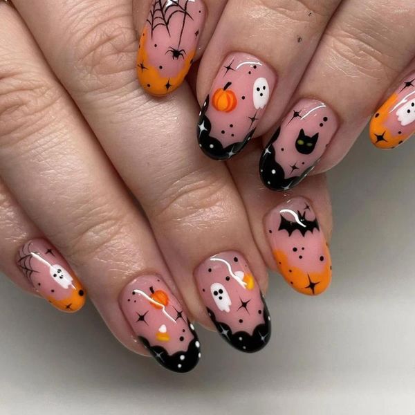 Uñas postizas lindas para Halloween Forma corta Desnuda con gato Murciélago Calabaza Diseñado Acrílico artificial brillante