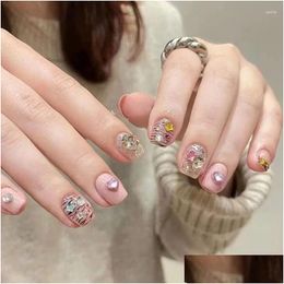 Faux ongles mignon léopard imprimement étoile coeur cristal rose paillette poudre charmante strass courte carrée faux art