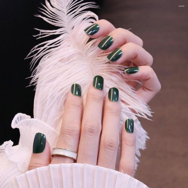 Faux ongles vert foncé français presse courte sur élégant ongles autocollant 24 pièces amovible avec gelée Gel/colle MH88