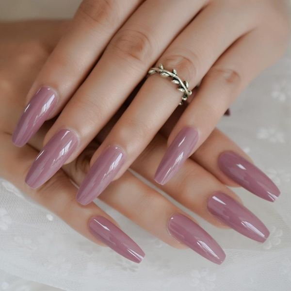 Faux Ongles Violet Foncé Rose Presse Extra Long Gel Cercueil Ballerine Forme Plate Ongles Adhésifs GratuitsFalse