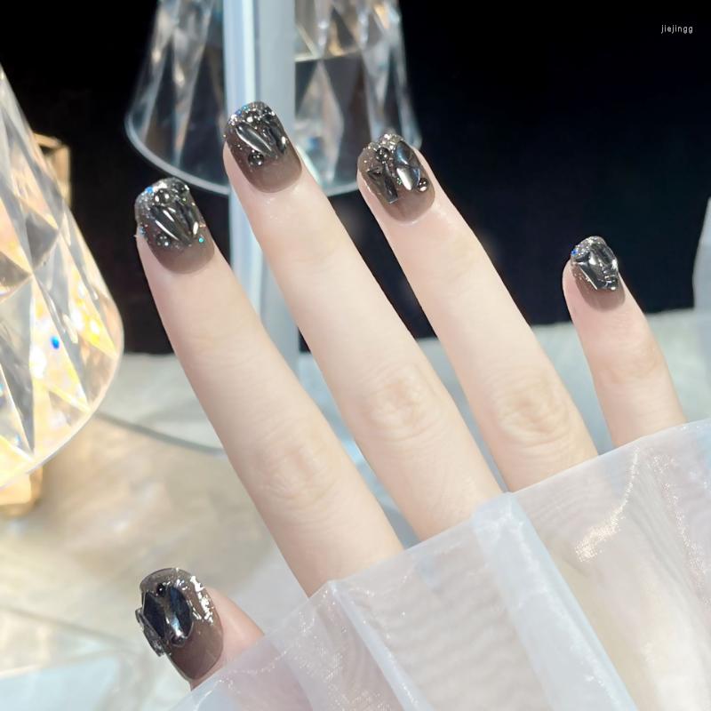 Unhas Postiças Dark Sweet Cool Manicure Curto Piscando em Pó Cheio de Diamantes 24 Peças Utilizáveis Acessórios para Unhas Falsas Acessório de Cola