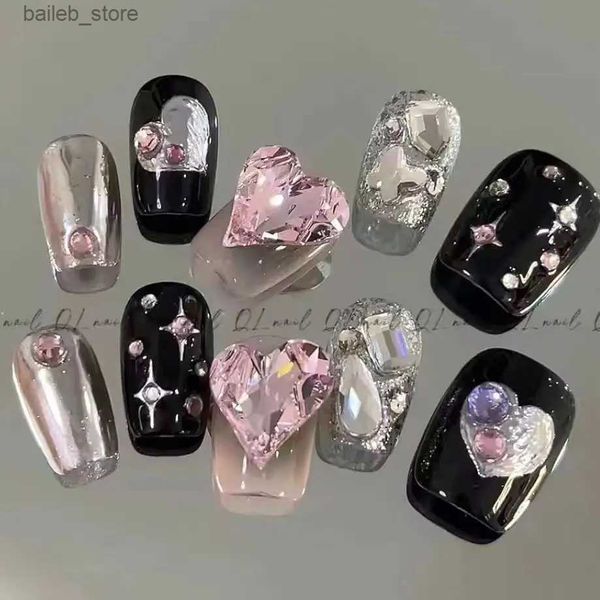 Faux ongles détachables Graint Rose acrylique Appuyez sur les clous courts y2k noirs carrés chauds chauds ballet faux ongles