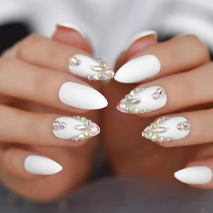 Faux Ongles Diamant Amande Blanc Pur Ongles Moyens Colorés Conception Brillante Conseils Plastique Artificiel Doigt Prud22