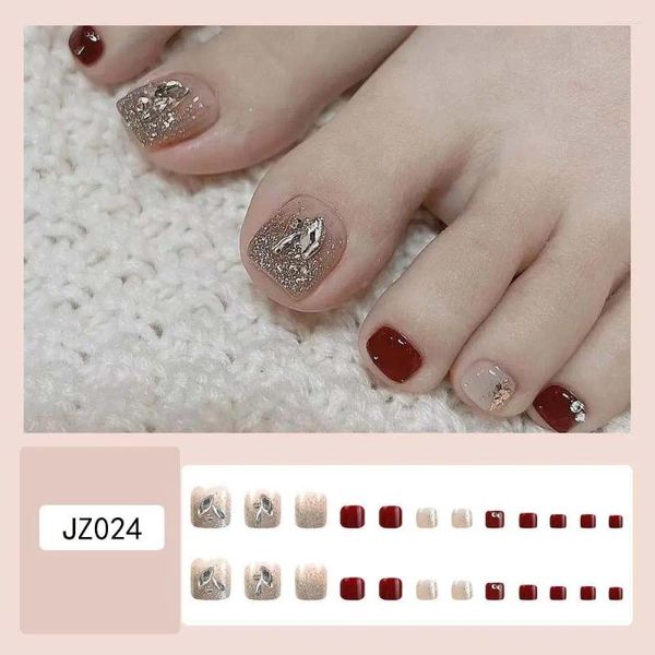 Uñas postizas Diamante Rhinestone Uñas postizas Elegante vino rojo Parche de plástico Pies Regalo artificial