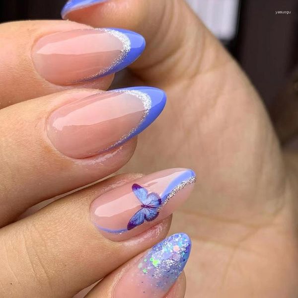 Faux ongles élégant rêveur bleu violet paillettes amande mignon papillon faux colle fini couverture complète facile à porter charme femme bricolage