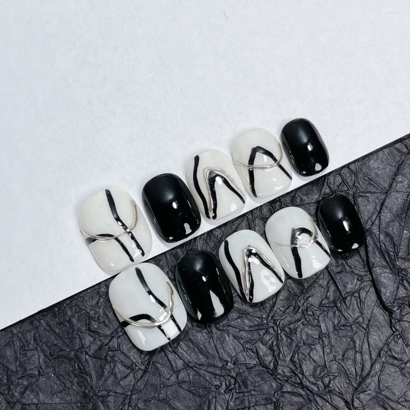 Unhas falsas Emmabeauty Preto Branco Arte Pintada à Mão Removível Reutilizável Alta Qualidade Artesanal Imprensa em Unhas.No.C680