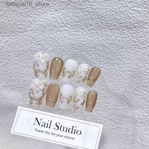 Faux ongles Emmabeauty or peinture japonaise chaude fleur d'or vigne luxe rose court T forme à la main faux ongles presse Ons.No.24242 Q240122