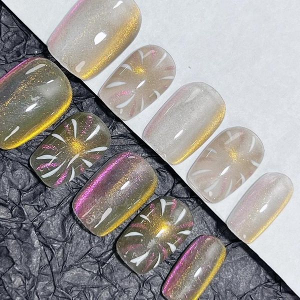 Faux ongles Emmabeauty presse à la main sur dégradé oeil de chat éblouissant feux d'artifice année courte blanchiment amovible avec style festif