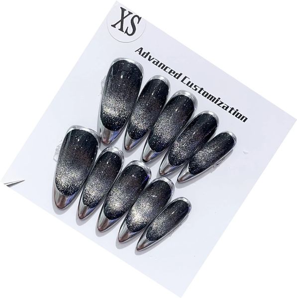 Faux ongles Emmabeauty Presse à la main sur les ongles Longueur moyenne Forme de goutte d'eau Français Oeil de chat noir amovible.No.24445 231121