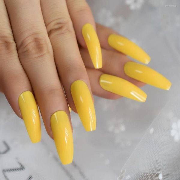 Faux Ongles Extra Long Ballerine Néon Jaune Brillant Faux Nai Art Conseils Couverture Complète Artificielle Naturel Salon Professionnel Produits