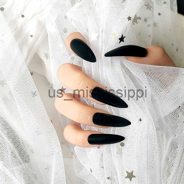 Faux ongles extra longs noirs mats faux ongles réutilisables couleur unie ultra mince tendance ovale pointe pointue faux ongles avec autocollant de colle x0826