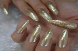 Kunstnagels Extra lange gouden glitter nepnagel Designer Salon Acryl Stick On Sharp manicure vingernagels9837412