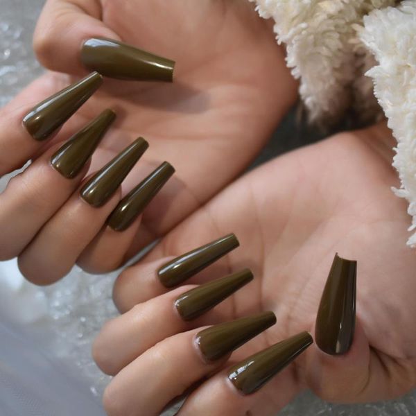 Faux Ongles Extra Longs Professionnels Ongles Conseils Faux Vert Profond Belle Forme De Cercueil Pour La Fête