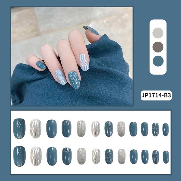 Faux ongles faux bleu gris feuille d'or ondulation d'eau porter des autocollants d'ongles finis 24 avec de la colle DW