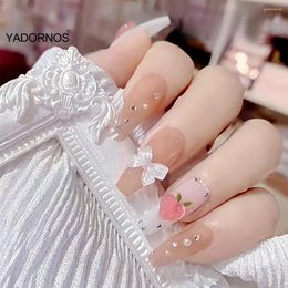 Uñas postizas con forma de ataúd falso, 24 Uds., patrón de melocotón suave, brillante, usable para mujeres, suministro de parches