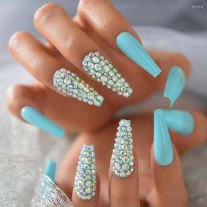 Valse nagels nep Diamond Rhinestone volledige hoes nagelbenodigdheden voor professionals pre -ontwerpen tips groothandel extra lange kist blauw