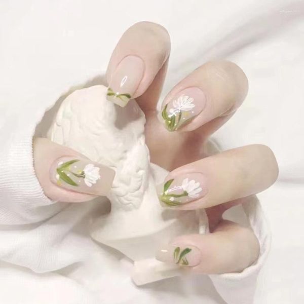 Faux Ongles Faux Vert Glacé Fleur Manucure Amovible Produits Portables Réutilisable Adhésif Fournitures D'ongles Colle Presse Choses