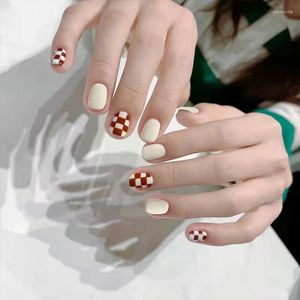 Falsas Nails Fake Nail Press en el párrafo corto Ballet Red White Grids Pieza terminada 24PCS Tipo de pegamento Regalos TY Prud22