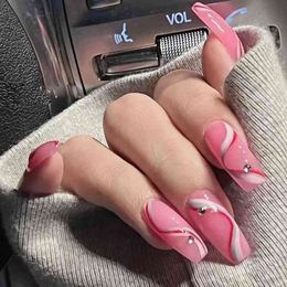 Unhas Postiças Linha Onda Rosa Falsa Usar Pontas De Caixão Destacáveis Press on Nail Bailarina Forma T Manicure Cobertura Total com Broca 0616