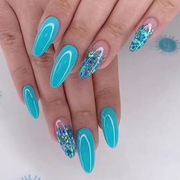 Kunstnagels Kunstnagels 24 Stuks Blauwe Grandient Amandel Glitter Met Frans Ontwerp Afneembare Volledige Dekking Fake Druk Op Tips Art