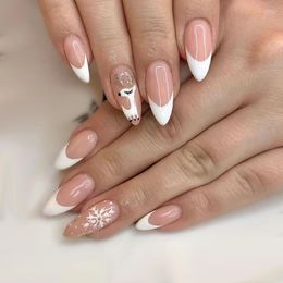 Kunstnagels Kunstnagels 24pcs Kerst Nep Afneembare Franse Stiletto SnowflakeElk Ballerina Amandel Kerstmis Druk op Manicure Tip