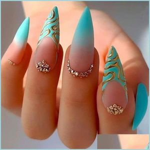 Faux Ongles Faux Ongles Vert Long Stiletto Avec Des Dessins Mode Mat Faux Presse Sur 2022 French Amande Manucure Tipsfalsefalse Drop Dhddr