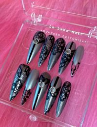 Faux ongles Faux ongles Punk Y2k dentelle foncé fait à la main Long Stiletto faux ongles conseils Sexy presse sur ongles Art court faux ongles gothique personnalisé 230509