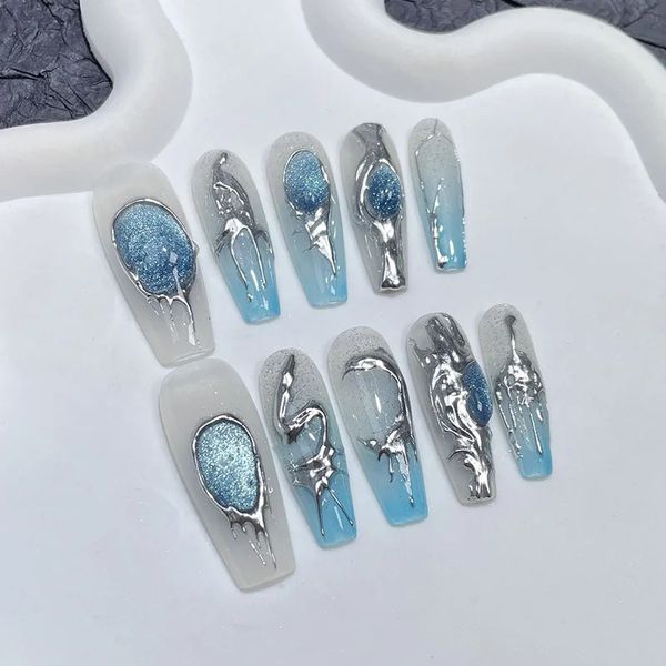 Uñas postizas Uñas postizas XXIU Uñas puras hechas a mano Prensa en cubierta completa Uñas profesionales Ojo de gato Piedra preciosa Azul Metal dimensional Uñas postizas 231204