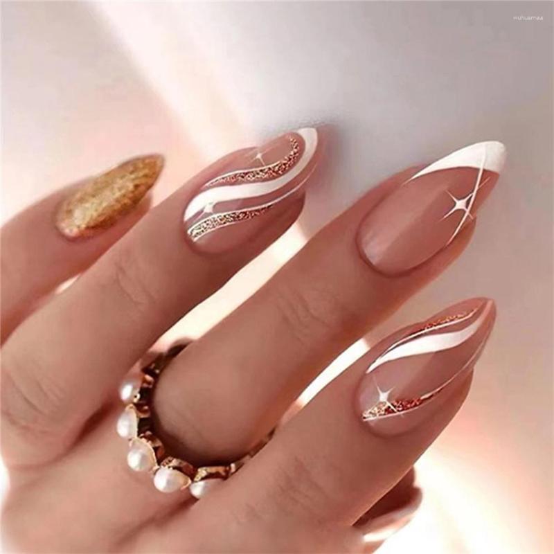 Fałszywe paznokcie moda migdałowe fałszywe końcówki paznokci z białą złotą linią projekty francuskiego zestawu brokatów prasa na manicure DIY