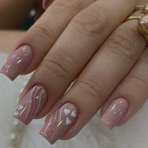 Faux Ongles Mode Beauté Outils 24 PCS Ballet Faux Ongles Solide Couleur Nude Lotus Rose Art Amour Coeur Ondulation Mignon Amovible