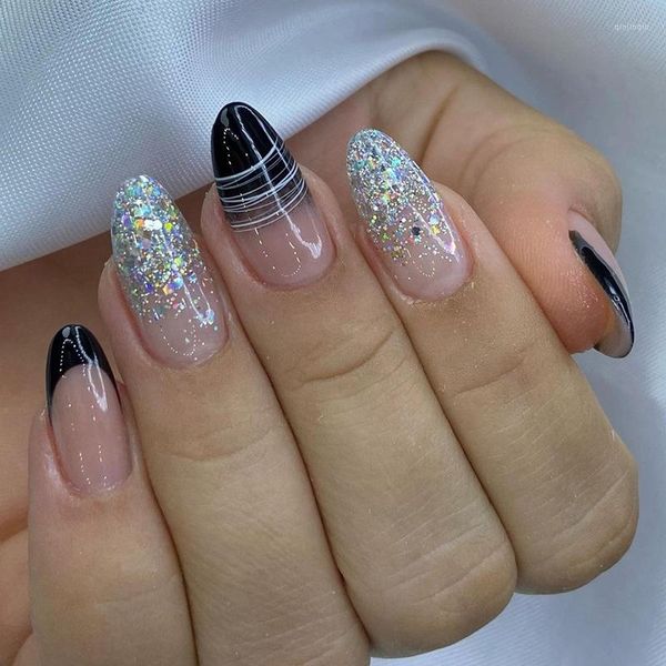 Uñas postizas herramientas de belleza de moda 24 unids/caja negro dulce gradiente fresco francés minimalista blanco líneas polvo de uñas transparente falso