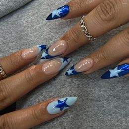 Faux ongles Fashion Cool Light Blue Stars Deep Glitter Forme d'amande Faux Détachable Fini Appuyez sur avec de la colle