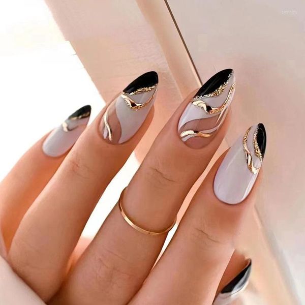 Uñas postizas de moda en blanco y negro en forma de almendra para mujer.