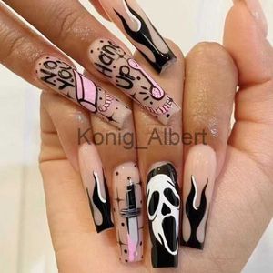 False Nails Fire Flame Pink Black Wit Ghost Face grappige nagelstickers mes Y2K NAK ART Modieuze populaire hele verkoop nagelaccessoires X0818