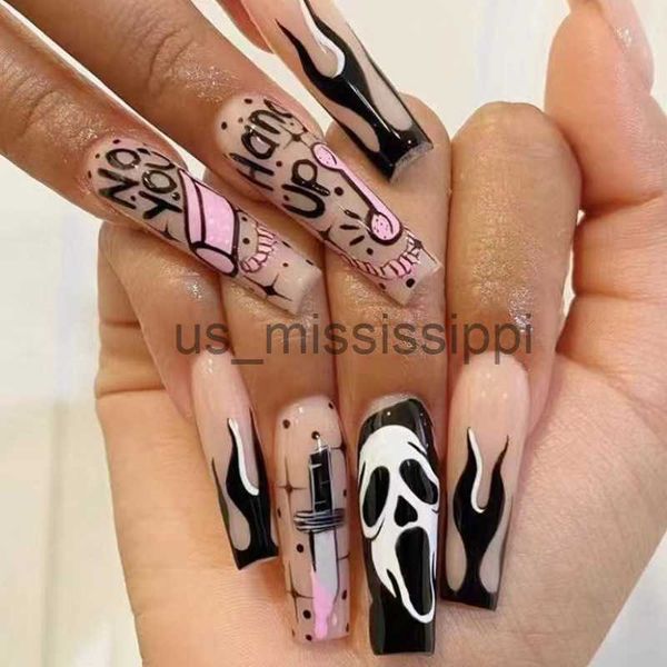 Faux ongles Feu Flamme Rose Noir Blanc Fantôme Visage Drôle Autocollants À Ongles Couteau Y2K Nail Art À La Mode Populaire Vente Entière Accessoires Pour Ongles x0826