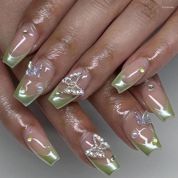 Faux ongles Flash Aurora Vert Papillon Brillant Strass Cristal Perle INS Court Ballet Faux Art Nail Tip Presse Sur Colle Manucure