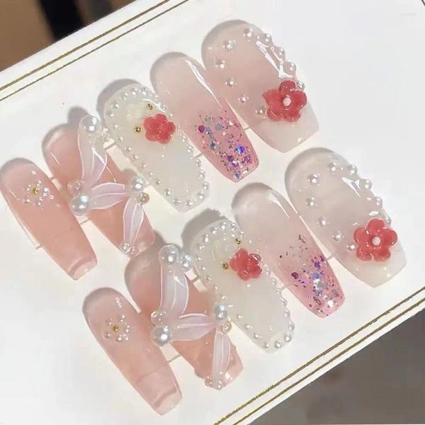 Falsas Nails Flower Pure Manual Nail Reutilizable con caja de herramientas XS S M L Pearl Lace Full Cover Fake Hecho a mano Mujer Chica