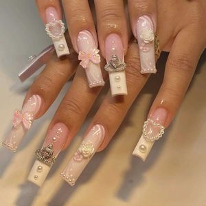 Valse nagels Franse boog parel valse nagels lange kist Europese stijl pers op nagels vol afgewerkte draagbare vrouwen ballet acryl nagels patch t240507