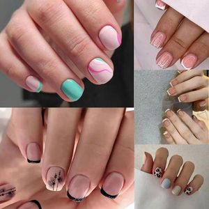 Uñas postizas francesas desmontables cortas redondas líneas blancas rosas puntas de uñas brillo dorado corazón de amor colorido ondulado falso para bricolaje