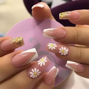 Faux ongles français faux ongles jolis fleurs blanches motif or glitter ballerina nail art pointes avec design autocollant presser les clous 220921