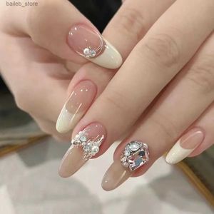 Valse nagels Franse valse nagels met strass Pearl Design ovale hoofdpers op nagels Volledige dekking draagbare vrouwen ballet acryl nagels patch y240419