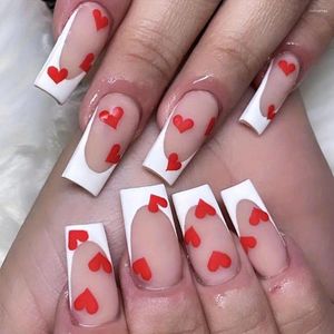 Faux ongles français mode amande carré rouge amour coeur faux détachable couverture complète presse sur femmes filles
