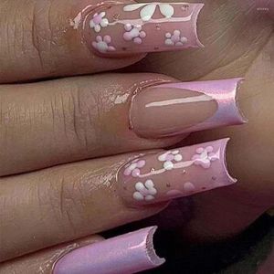 Kunstnagels Franse mode volledige dekking Aurora roze witte bloemen nep Nials lange vierkante afneembare nageltips DIY
