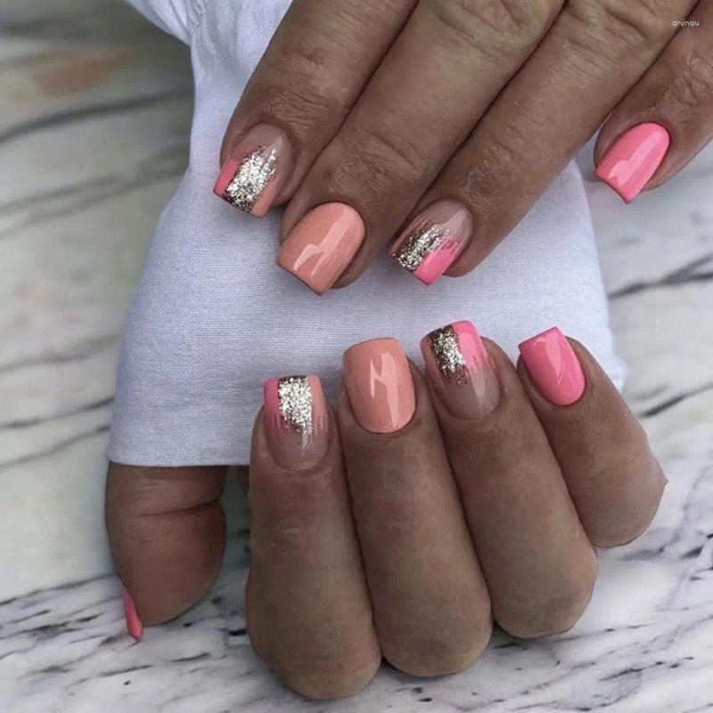 False Nails French Fashion Short Round Aurora Slices Fake Flowers Leaves Pink Silver Tiger Stripe Nail Tips For Salon