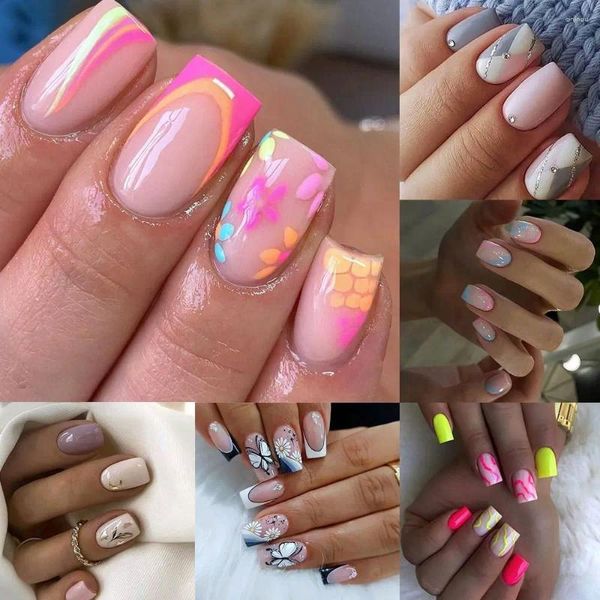 Uñas postizas Cubierta completa francesa Puntas de uñas cuadradas largas Mariposa Flores onduladas Prensa desmontable en DIY