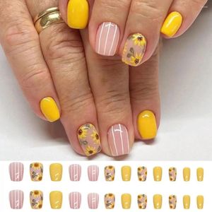 Kunstnagels Franse volledige dekking Zonnebloem nageltips Lange ballerina Afneembare pers op damesmeisjes