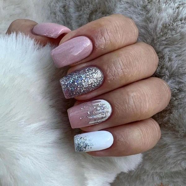 Uñas postizas French Glitter Pink Cubierta completa Prensa en Nials falsos cuadrados largos desmontables Mujeres Niñas