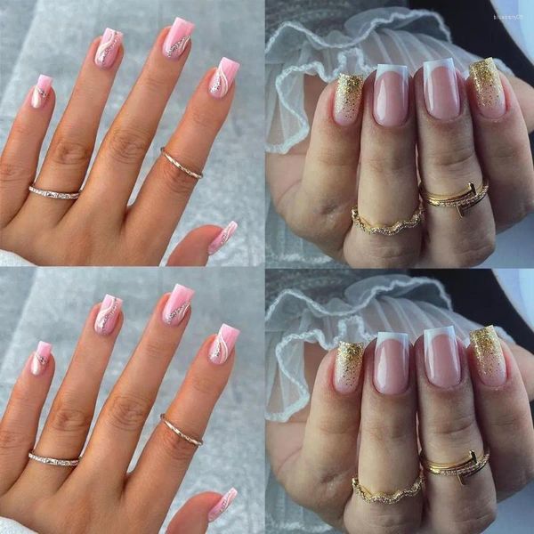 Uñas postizas tiras de brillo francés prensa cuadrada larga en cubierta completa oro rosa falso Nials DIY